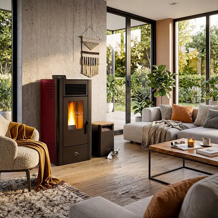 Sannover Pelletofen Anita 11,6 kW bordeaux -  - Roter und schwarzer Pelletofen heizt ein modernes Wohnzimmer mit großen Fenstern zum Garten.