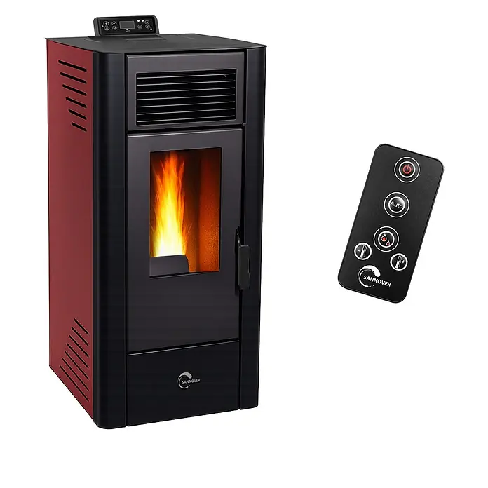 Sannover Pelletofen Anita 11,6 kW bordeaux -  - Roter und schwarzer Pelletofen mit Display und Fernbedienung, der brennende Flammen zeigt.