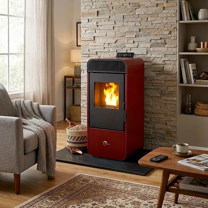 Sannover Pelletofen Izedia 13,8 kW Bordeaux -  - Roter Pelletofen mit sichtbarer Flamme, neben einer Steinwand in einem gemütlichen Wohnzimmer platziert.