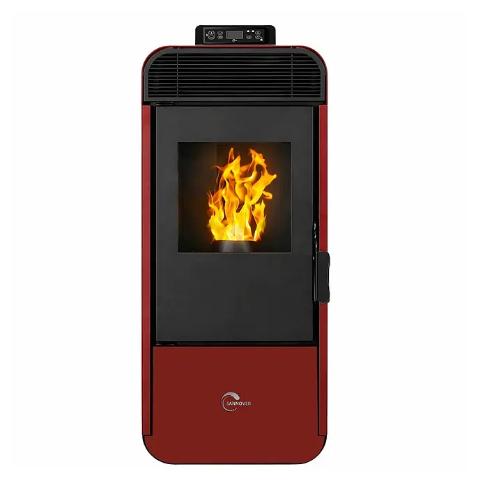 Sannover Pelletofen Izedia 13,8 kW Bordeaux -  - Roter Pelletofen mit schwarzer Front, Glasfenster mit heller Flamme und Bedienfeld oben. Mit 'SANNOVER' Logo.