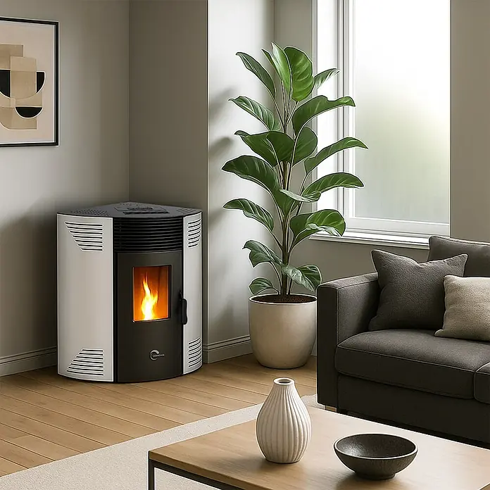Sannover Eck - Pelletofen Iseos 12,2 kW Weiß -  - Ein weiß-schwarzer Eck-Pelletofen mit warmer Flamme heizt ein modernes Wohnzimmer.