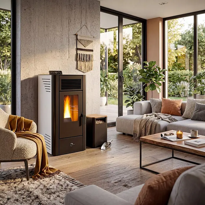 Sannover Pelletofen Anita 11,6 kW weiß -  - SAINNOVER Pelletofen in Dunkelgrau und Weiß, mit sichtbarer Flamme, in einem modernen Wohnzimmer. Ein passender Pelletbehälter steht daneben.