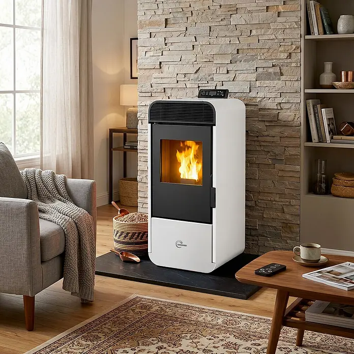 Sannover Pelletofen Izedia 13,8 kW Weiß -  - Weißer Pelletofen mit schwarzer Brennkammer und sichtbarer Flamme, beheizt ein gemütliches Wohnzimmer neben einer Steinwand und einem Bücherregal.