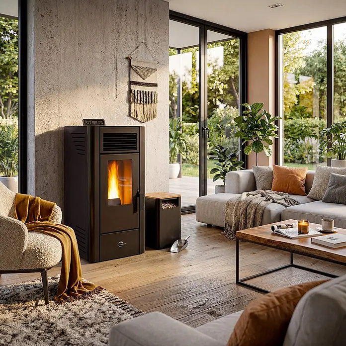 Sannover Pelletofen Anita 11,6 kW Schwarz -  - Schwarzer Pelletofen mit sichtbarer Flamme heizt ein modernes Wohnzimmer.