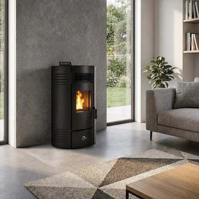 Sannover Pelletofen Azora 15,1 kW Schwarz -  - Schwarzer Pelletofen mit sichtbarer Flamme heizt ein modernes Wohnzimmer neben einem großen Fenster.