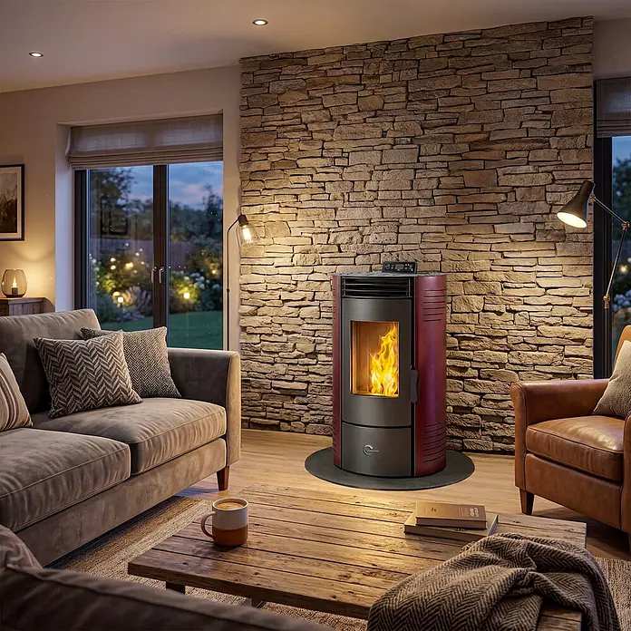 Sannover Pelletofen Azora 11,6 kW Bordeaux -  - Moderner roter Pelletofen mit sichtbarer Flamme, der ein gemütliches Wohnzimmer mit Steinwand und Holzmöbeln wärmt.