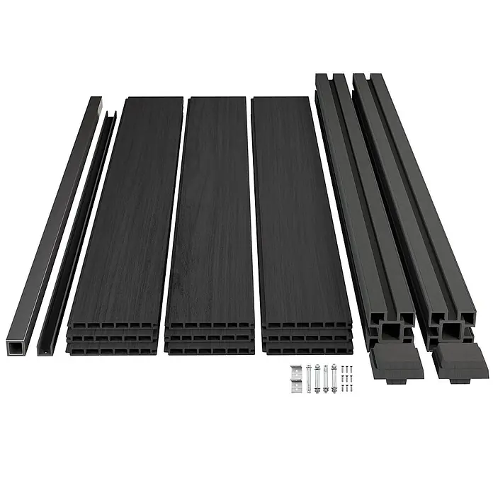 10er Set - 10 WPC Sichtschutzzaunelement - Anthrazit + 11 WPC Pfosten - 