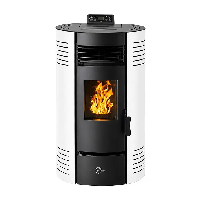 Sannover Pelletofen Azora 15,1 kW Weiß -  - Moderner weiß-schwarzer Pelletofen mit leuchtender Flamme durch die Glasscheibe und digitalem Bedienfeld oben.
