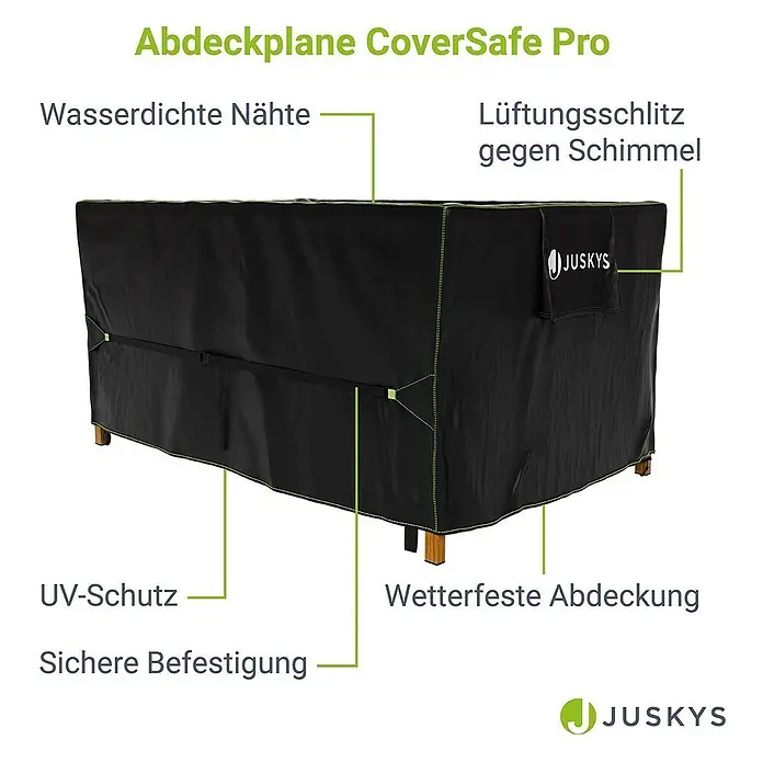 Gartenmöbel Abdeckplane CoverSafe Pro 170 x 95 x 75 cm -  - Schwarze wetterfeste Abdeckplane für Gartenmöbel mit grünen Nähten, Lüftungsschlitz, sicherer Befestigung und JUSKYS Logo.