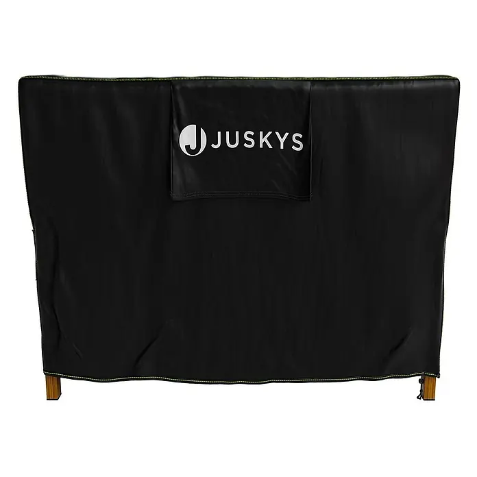 Gartenmöbel Abdeckplane CoverSafe Pro 170 x 95 x 75 cm -  - Schwarze JUSKYS Outdoor-Möbelabdeckung mit neongrünen Nähten und sichtbaren Holzbeinen.