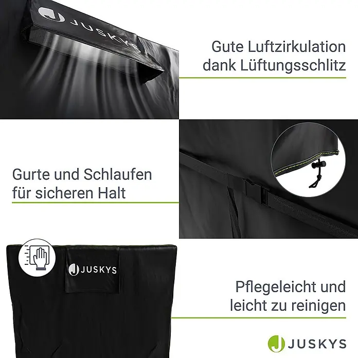Gartenmöbel Abdeckplane CoverSafe Pro 160 x 100 x 75 cm -  - Schwarze JUSKYS Schutzhülle, Details wie Lüftungsschlitz, sichere Befestigungsgurte und pflegeleichtes Material hervorhebend.