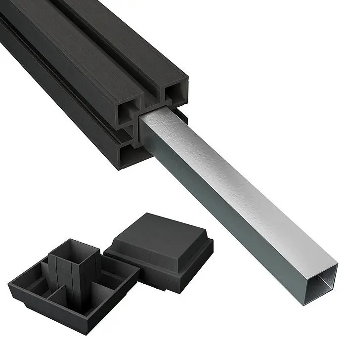 6er Set - 6 WPC Sichtschutzzaunelement - Anthrazit + 7 WPC Pfosten -  - Dunkelgraues Verbundpfostenprofil mit Kanälen, verstärkt durch ein silbernes Metallvierkantrohr und passender Basis.