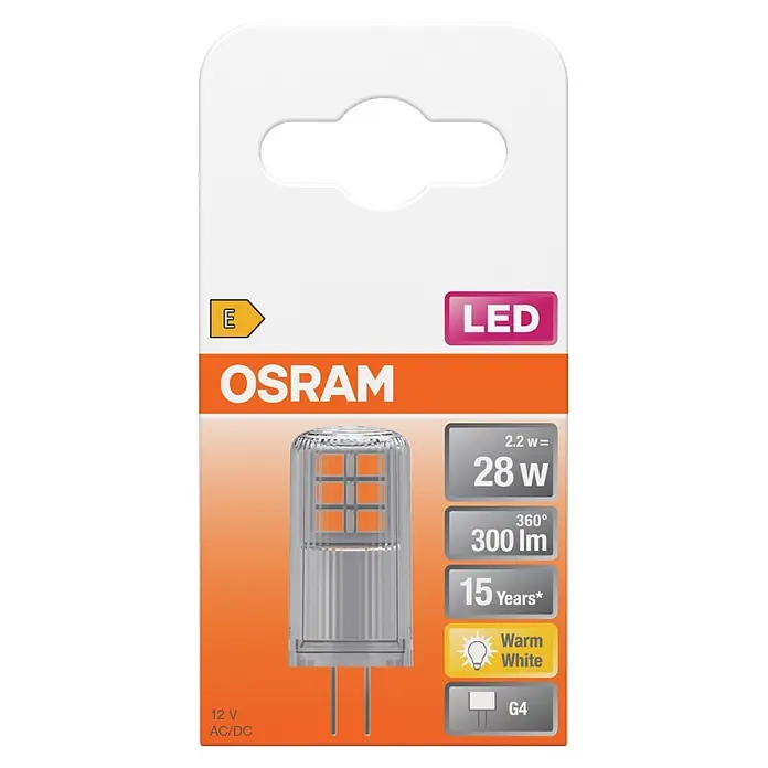 Osram Star LED-Lampe Pin G4 - G4, Nicht Dimmbar, Warmweiß, 300 lm, 2,6 W - OSRAM LED G4 Lampe in Verpackung, zeigt Merkmale: 2.2W (entspr. 28W), 300lm, 15 Jahre, warmweiß, 12V AC/DC.