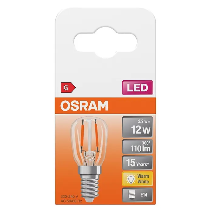 Osram LED-Lampe - E14, Nicht Dimmbar, Warmweiß, 110 lm, 10 W - OSRAM LED Filament-Glühbirne (E14, warmweiß) in weiß-oranger Verkaufsverpackung, mit Spezifikationen wie 110lm und 15 Jahre Lebensdauer.