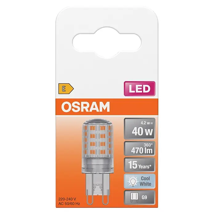 Osram Star LED-Lampe Pin G9 - G9, Nicht Dimmbar, Kaltweiß, 470 lm, 3,8 W - OSRAM G9 LED-Birne, klares Gehäuse mit silbernem Sockel und orangefarbenen Innenelementen.