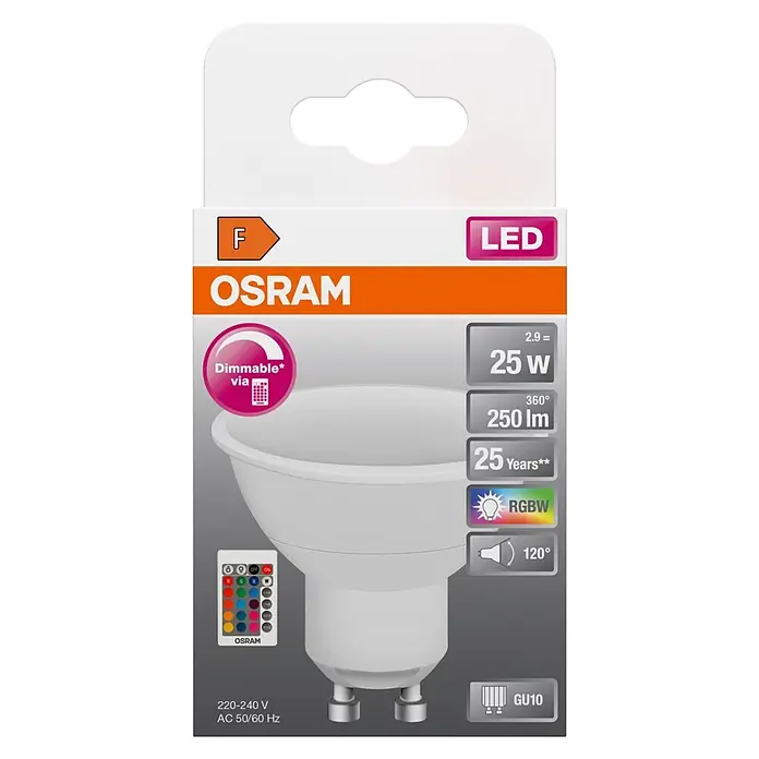 Osram LED-Lampe Star+ PAR16 - GU10, Dimmbar, RGBW, 250 lm, 4,5 W - Weißes OSRAM LED GU10 Leuchtmittel in Verpackung, mit RGBW, Dimmbarkeit und 25W Äquivalenz.
