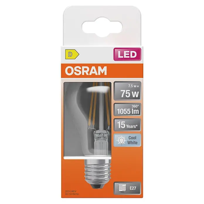 Osram Star LED-Lampe Glühlampenform E27 matt - E27, Nicht Dimmbar, Kaltweiß, 1.055 lm, 7,5 W - OSRAM LED-Glühbirne in orange-weißer Verkaufsverpackung, E27, Kaltweiß, 7.5W (75W Äquivalent), 1055 Lumen.