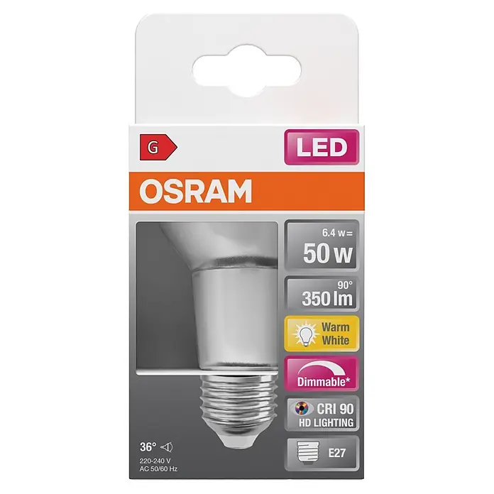 Osram Superstar LED-Lampe Superstar PAR20 - E27, Dimmbar, Warmweiß, 345 lm, 5 W - OSRAM LED-Glühbirne in Verpackung, E27-Sockel, warmweiß, dimmbar, 6,4W (50W Äquivalent), 350lm.