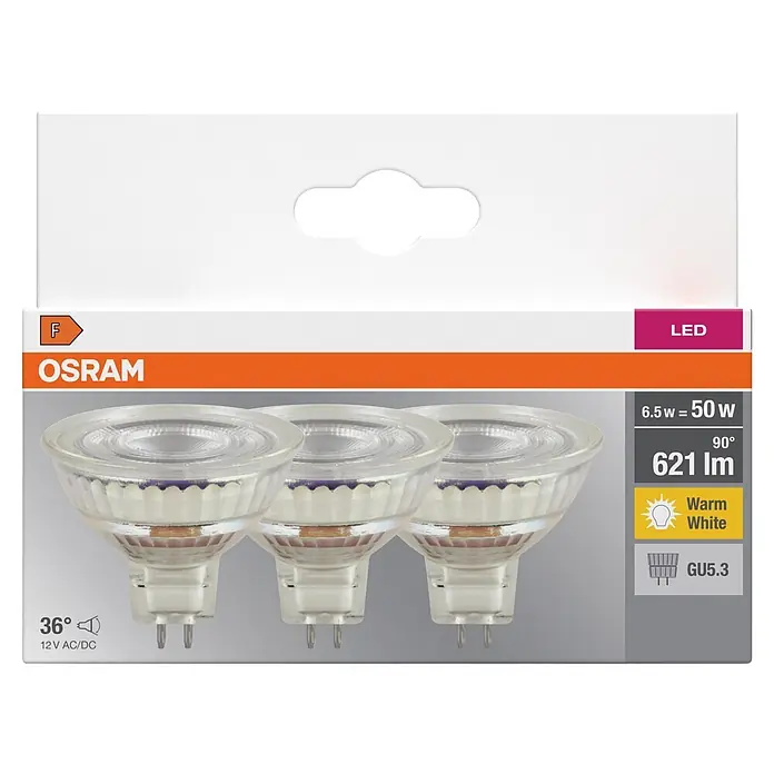 Osram LED-Lampe Base MR16 - GU5,3, 6,5 W, 621 lm, Warmweiß, 3 Stk. - Dreierpack OSRAM LED GU5.3 Warmweiß-Lampen (6.5W=50W, 621lm, 36°, 12V AC/DC) in Verkaufsverpackung.