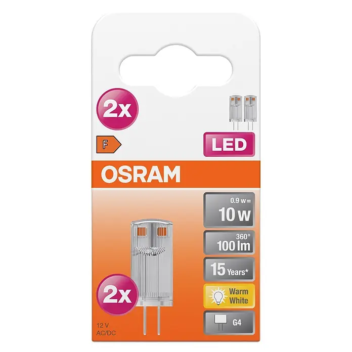 Osram Star LED-Lampen-Set Pin G4 - G4, Nicht Dimmbar, Warmweiß, 100 lm, 0,9 W, 2 Stk. - Zwei OSRAM Warmweiß G4 LED-Lampen, 0.9W (entspricht 10W), 100lm, 12V, in Blisterverpackung.
