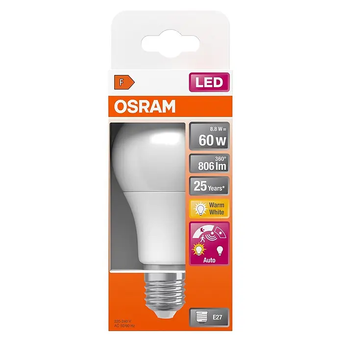 Osram Star LED-Lampe Classic 60 - E27, Nicht Dimmbar, Warmweiß, 806 lm, 9 W - OSRAM LED-Glühbirnenverpackung mit Energieeffizienzklasse F, 8,8W (entspricht 60W), 806lm, warmweiß, E27-Sockel und Auto-Sensor-Funktion.