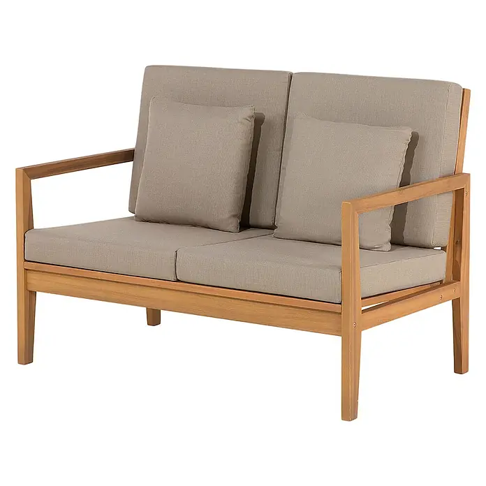 27-tlg Lounge Set PATAJA in Braun/Grau/Beige -  - Zweisitzer-Outdoor-Sofa mit Holzrahmen und hellbeigen Kissen.