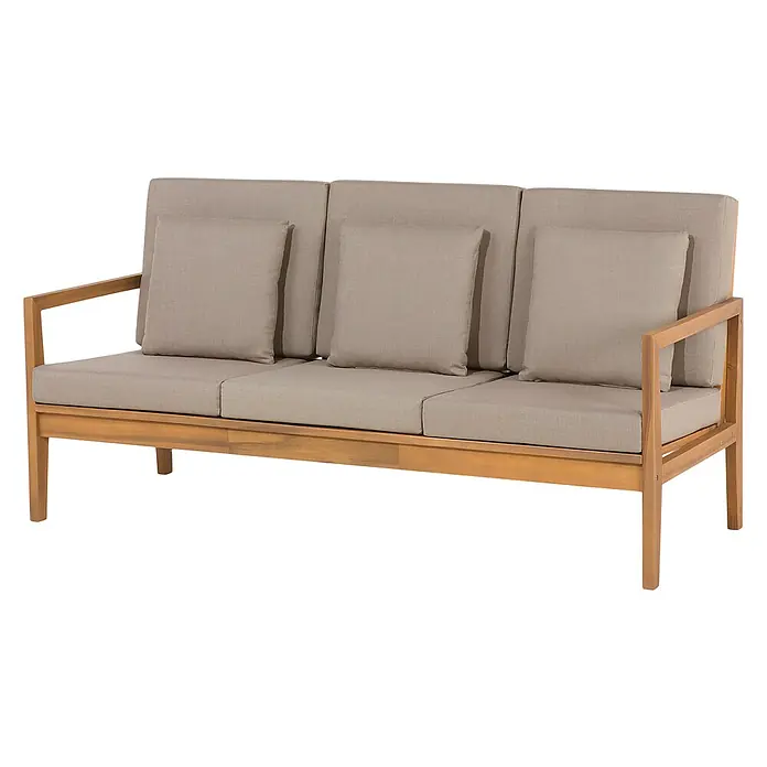 27-tlg Lounge Set PATAJA in Braun/Grau/Beige -  - Dreisitziges Holzsofa für den Außenbereich mit hellem Holzrahmen und beigen Stoffkissen.