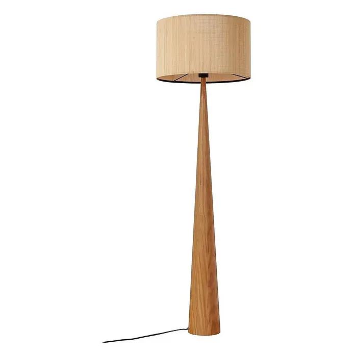 Lucande Stehlampe Wohnzimmer in holz, Stehleuchte -  - Konische Stehleuchte aus Holz mit zylindrischem, hellbraunem gewebtem Schirm.