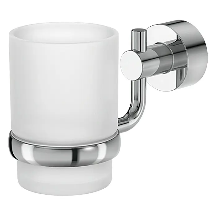 Lenz Pisa Zahnputzbecher - Mit Halterung, Chrom, Glänzend, L x B x H: 95 x 69 x 114 mm - Wandmontierter Zahnputzbecher aus satiniertem Glas mit glänzenden Chromdetails für moderne Badezimmer.
