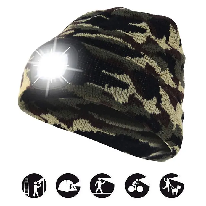 Velamp Gorro Lighthouse - LED, Verde camuflaje, Textil - Gorro de punto camuflado con luz LED integrada brillante, mostrado con iconos para varios usos al aire libre.