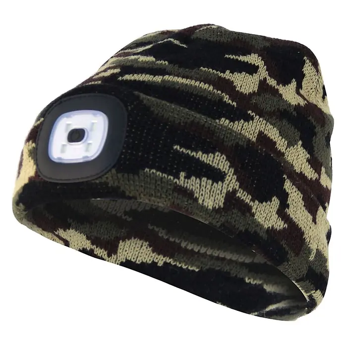 Velamp Gorro Lighthouse - LED, Verde camuflaje, Textil - Gorro de punto camuflaje con luz LED frontal integrada.