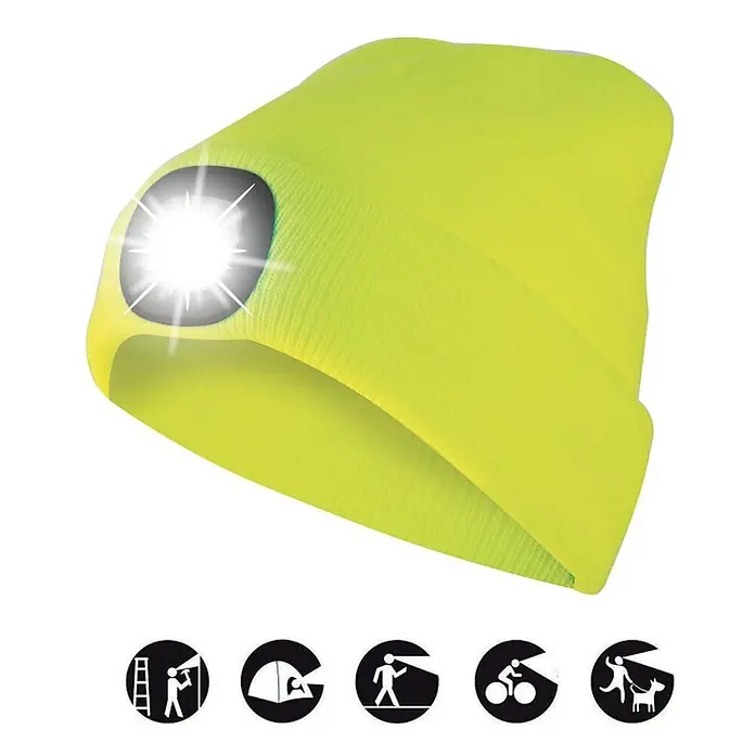 Velamp Gorro Lighthouse - LED, Amarillo, Textil - Gorro de punto amarillo neón con una luz LED brillante integrada en el borde frontal.