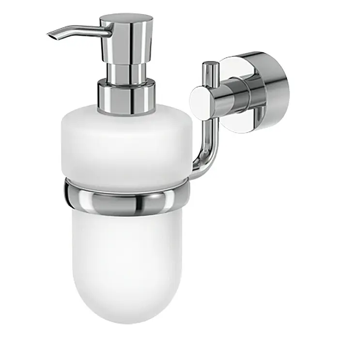 Lenz Pisa Seifenspender - Mit Halterung, Chrom, Glänzend, L x B x H: 180 x 70 x 160 mm - Wandmontierter Seifenspender aus Chrom und mattiertem Glas für Badezimmer oder Küche.