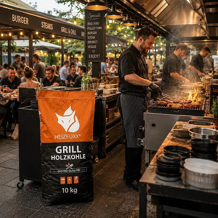 Grillholzkohle in Gastro-Qualität 10kg -  - Großer orange-schwarzer HEIZFUXX Holzkohlesack an einer belebten Outdoor-Grillstation.