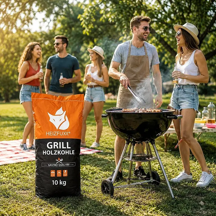 Grillholzkohle in Gastro-Qualität 10kg -  - HEIZFUXX 10kg orange-schwarzer Holzkohlesack bei einer Grillfeier.