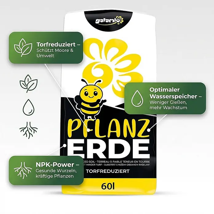 Pflanzerde torfreduziert 60l x 12 Sack 720l 12er Palette -  - Großer weißer und gelber Sack Galamio torfreduzierter Pflanzerde mit Bienenlogo, 60 Liter.