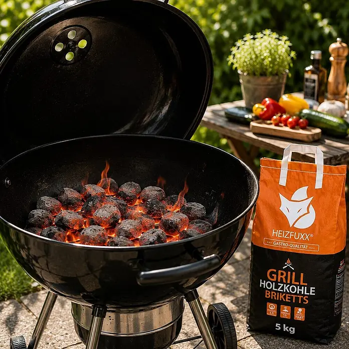 Grillholzkohlebriketts 5kg x 60 Sack 300kg 60er Palette -  - Rot glühende Holzkohlebriketts in einem schwarzen Grill, daneben eine orange-schwarze Briketts-Tüte auf der Terrasse zum Grillen.