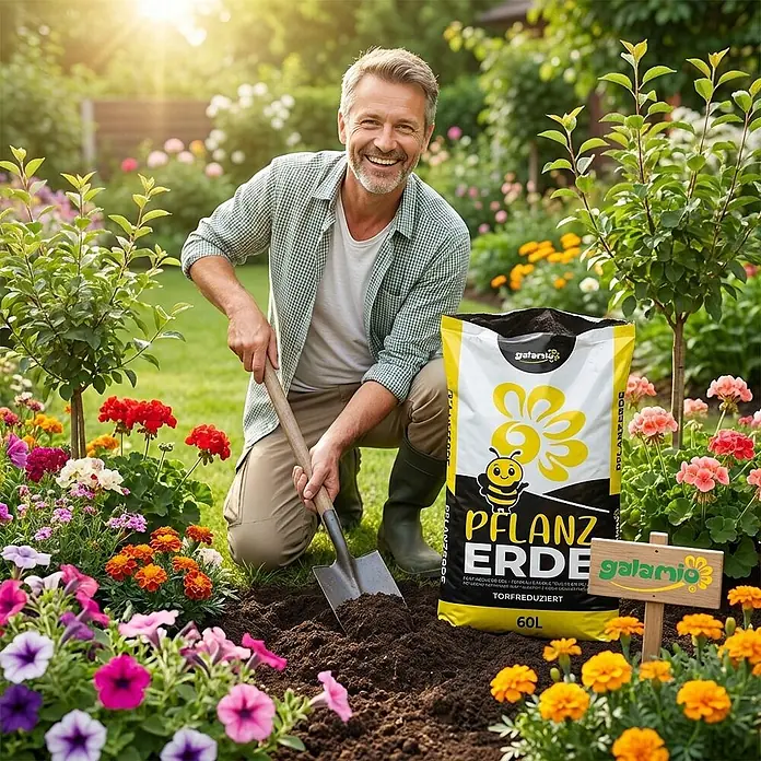 Pflanzerde torfreduziert 60l x 12 Sack 720l 12er Palette -  - Gelb-schwarzer Sack Galantonio Pflanzerde (60L, torfreduziert) mit Bienen- und Blumenlogo, neben einem Mann, der im Garten gräbt.