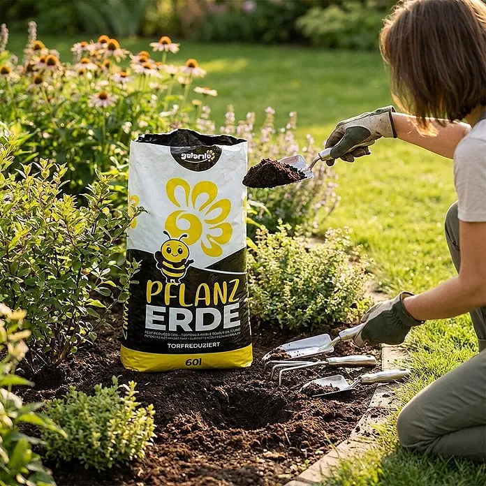 Pflanzerde torfreduziert 60l x 12 Sack 720l 12er Palette -  - Pflanzerde-Sack in einem Garten. Eine Person entnimmt Erde mit einer Schaufel zum Pflanzen.