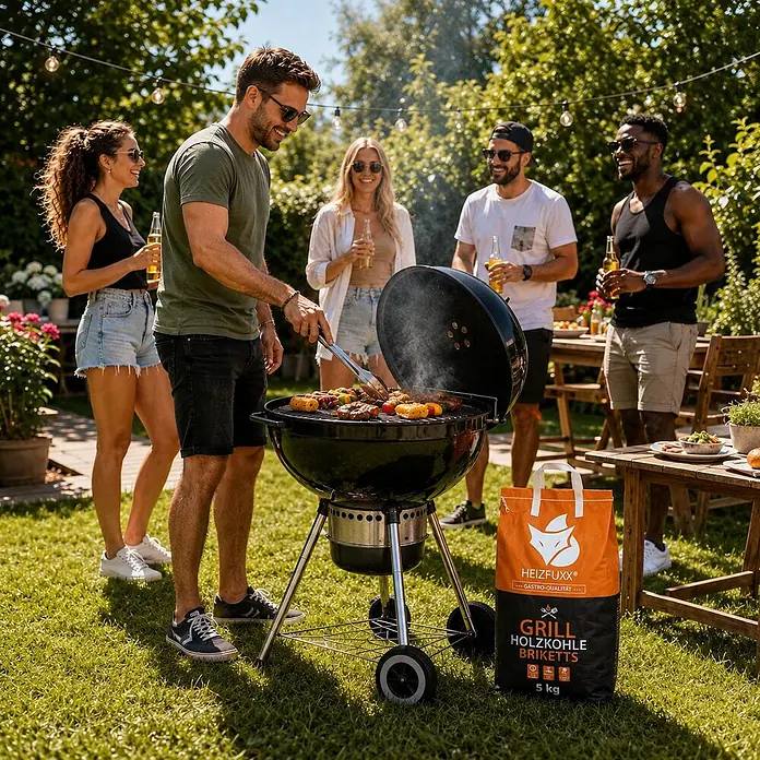 Grillholzkohlebriketts 5kg x 60 Sack 300kg 60er Palette -  - Orange-schwarzer HEIZFUXX® Holzkohlebrikettsack, bereit zum Grillen neben einem Grill.