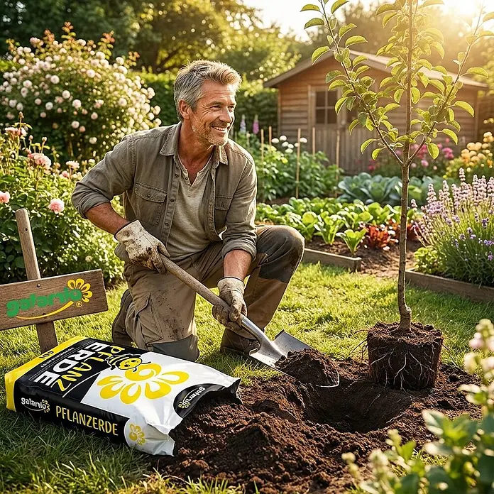 Pflanzerde torfreduziert 60l x 12 Sack 720l 12er Palette -  - Eine Person kniet, pflanzt einen jungen Baum mit Galanio Pflanzerde aus einem Sack neben dem Loch.