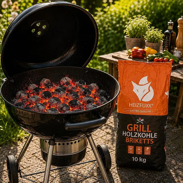 Grillholzkohlebriketts 10kg x 20 Sack 200kg Palette -  - Ein schwarzer Kugelgrill mit glühenden Holzkohlebriketts steht neben einem orangefarbenen Sack mit Briketts.