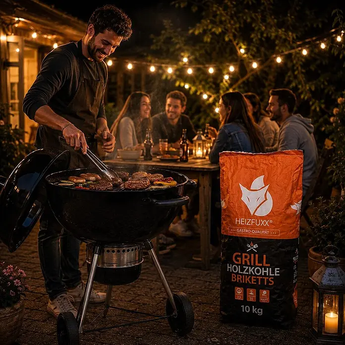 Grillholzkohlebriketts 10kg x 20 Sack 200kg Palette -  - Orange-schwarzer 10 kg Sack Grillholzkohlebriketts mit Fuchs-Logo, neben einem Grill bei einem abendlichen Barbecue mit Freunden.