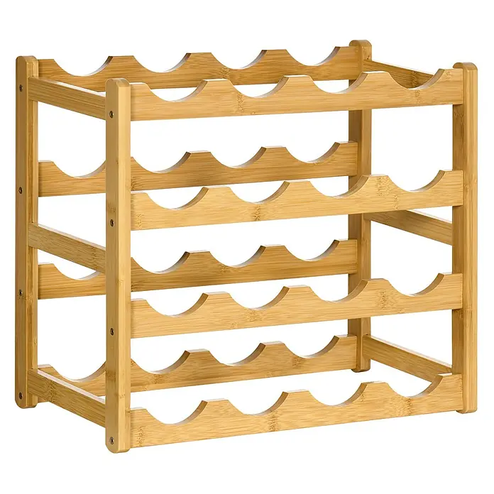 SONNENH Bambus-Flaschenregal mit 4 Ebenen für 16 Flaschen, Natur -  - Natürliches Bambus-Weinregal mit gewellten Ablagen zur horizontalen Flaschenlagerung.