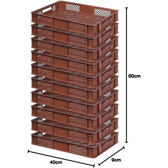 BRB 10x Eurobehälter, LxBxH 600x400x90 mm, Inhalt 15 Liter - braun - Gestapelte braune Kunststoff-Bäckereikörbe, 40cm lang, 9cm breit, 60cm Gesamthöhe.