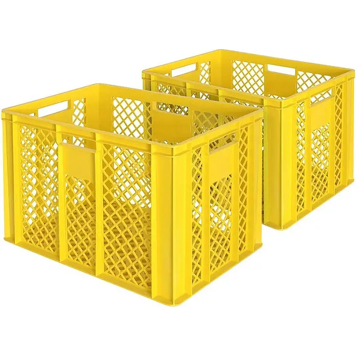 BRB 2x Eurobehälter/Bäckerkiste, LxBxH 600x400x410 mm, durchbrochen - gelb - Zwei gelbe Lagerkisten aus Kunststoff mit Gitterdesign.