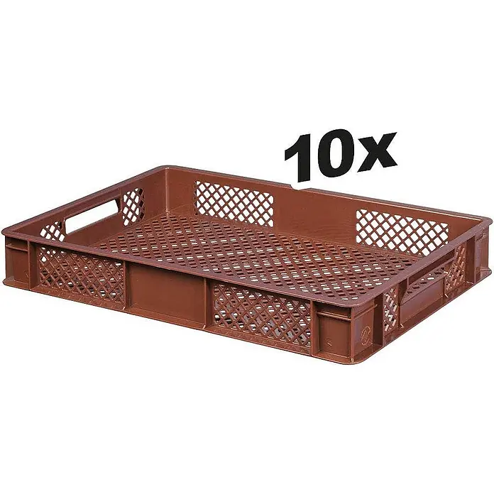 BRB 10x Eurobehälter, LxBxH 600x400x90 mm, Inhalt 15 Liter - braun - Braune, perforierte Kunststoffkiste, stapelbar. 10er-Pack.