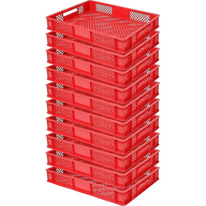 BRB 10x Eurobehälter, LxBxH 600x400x90 mm, Inhalt 15 Liter - rot - Stapel roter, gelochter Kunststoffschalen zur Lagerung, oft für Lebensmittel, Bäckereien oder Industriegüter.
