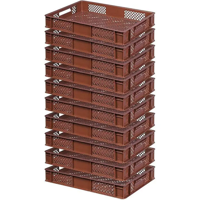 BRB 10x Eurobehälter, LxBxH 600x400x90 mm, Inhalt 15 Liter - braun - Stapel brauner Kunststoff-Brotkisten mit perforierten Seiten und Böden für Bäckereiauslagen oder Lagerung.
