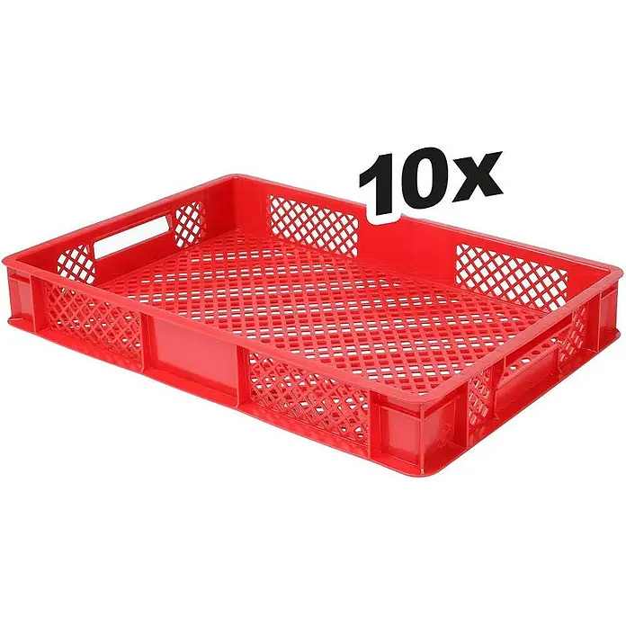 BRB 10x Eurobehälter, LxBxH 600x400x90 mm, Inhalt 15 Liter - rot - Rote, perforierte Kunststoffkiste (10 Stück).